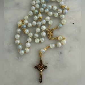 Elegant Gold and Cream 8mm Glass Beaded Rosary Necklace